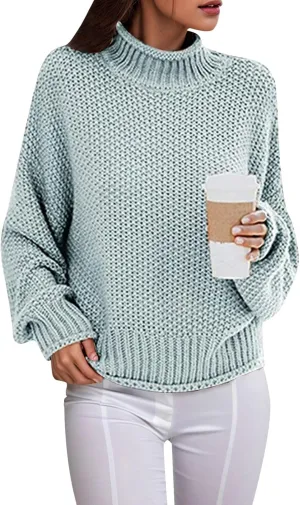 Womens Turtleneck Oversized Sweaters Batwing Ribbed Long Sleeve Tops for Women Pullover Loose Chunky Knit Jumper