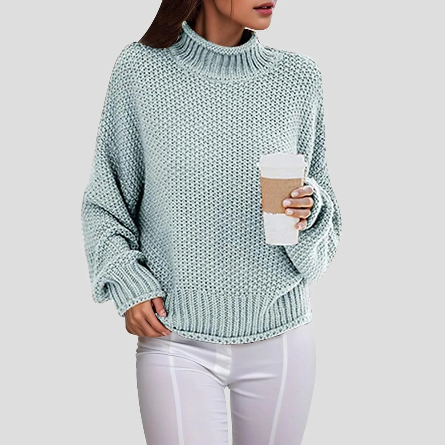 Womens Turtleneck Oversized Sweaters Batwing Ribbed Long Sleeve Tops for Women Pullover Loose Chunky Knit Jumper