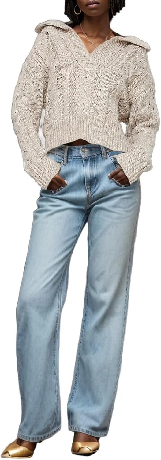 Women's V Neck Cable Pullover Sweaters Casual Long Sleeve Cropped Knitted Tops