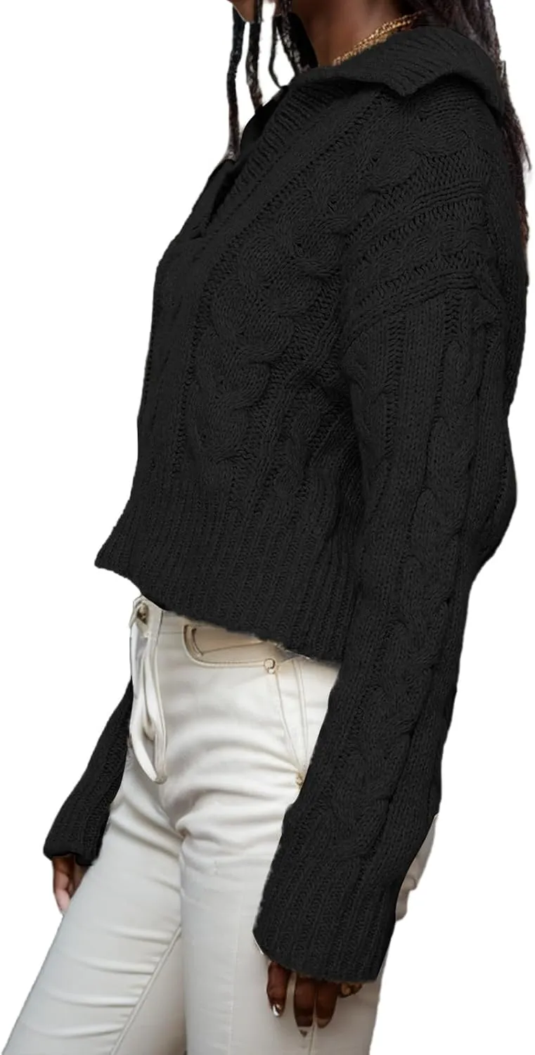 Women's V Neck Cable Pullover Sweaters Casual Long Sleeve Cropped Knitted Tops