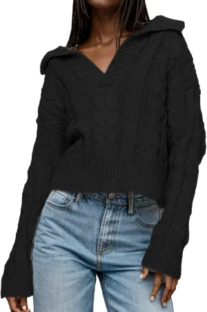 Women's V Neck Cable Pullover Sweaters Casual Long Sleeve Cropped Knitted Tops