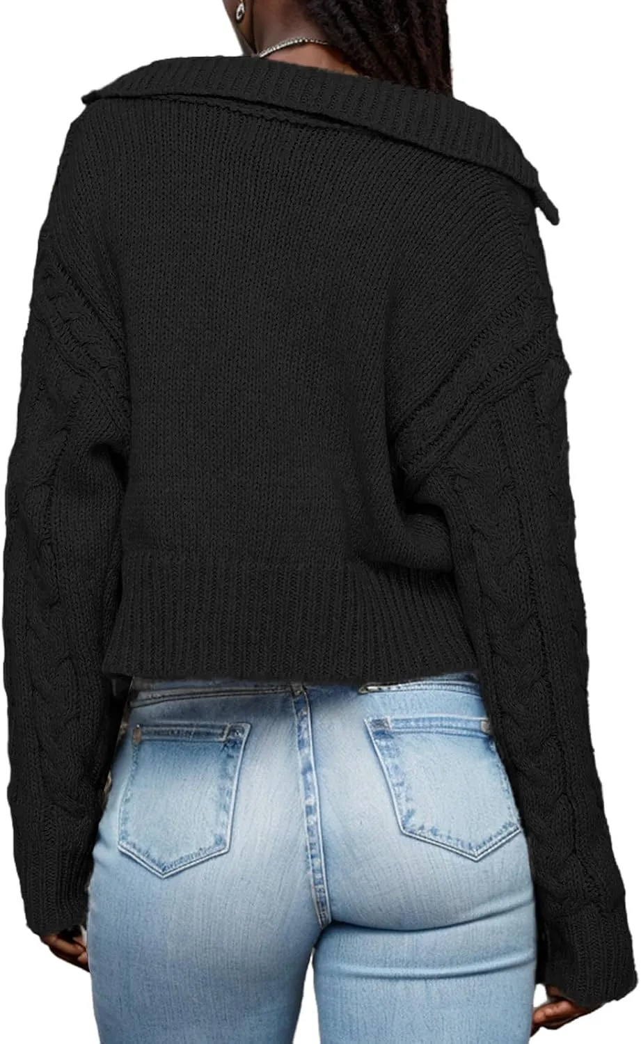 Women's V Neck Cable Pullover Sweaters Casual Long Sleeve Cropped Knitted Tops