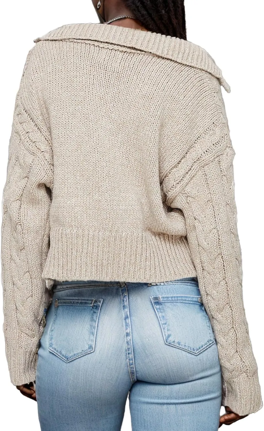 Women's V Neck Cable Pullover Sweaters Casual Long Sleeve Cropped Knitted Tops