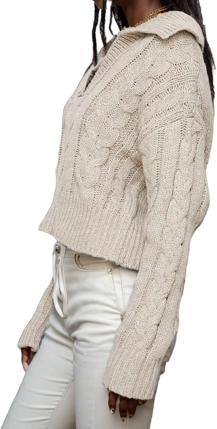 Women's V Neck Cable Pullover Sweaters Casual Long Sleeve Cropped Knitted Tops