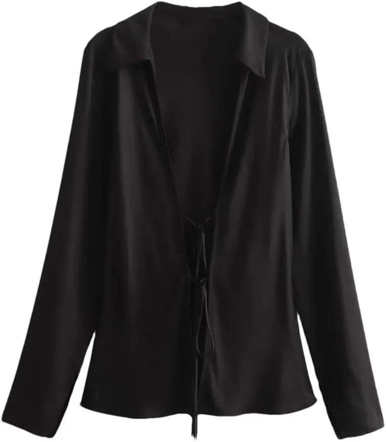 Women's Versatile Slim Bow Decoration Silk Satin Texture Shirt