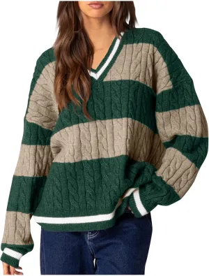 Women's Vintage Cable Knit Sweater Color Block V Neck Long Sleeve Pullover Tops Fall Casual Knit Jumper Sweatshirt