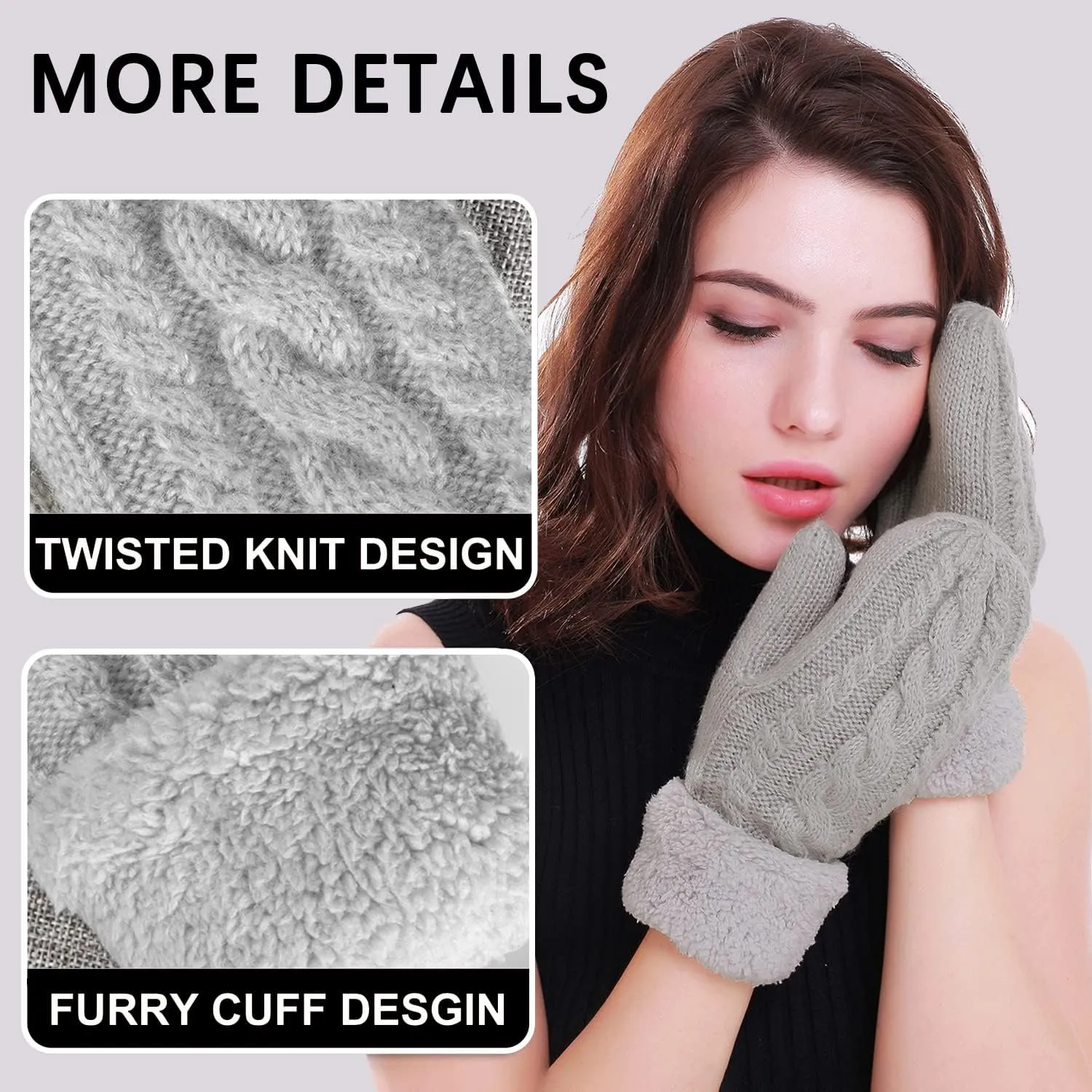 Women's Winter Gloves Warm Lining - Cozy Wool Knit Thick Gloves Mittens