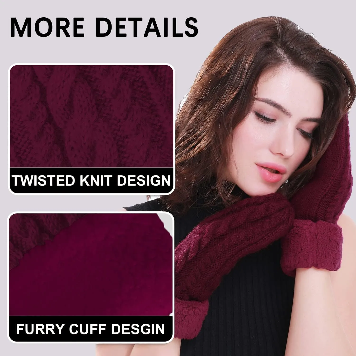 Women's Winter Gloves Warm Lining - Cozy Wool Knit Thick Gloves Mittens