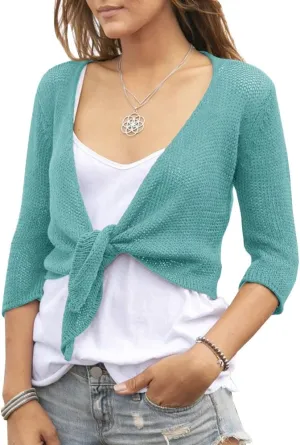 YeMgSiP Women's Tie Front Shrug 3/4 Sleeve Bolero Sheer Knotted Lightweight Cardigan Sweaters Short Shawl Tops