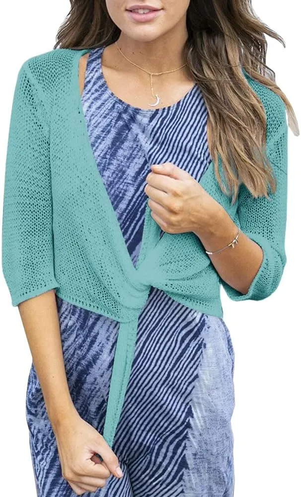 YeMgSiP Women's Tie Front Shrug 3/4 Sleeve Bolero Sheer Knotted Lightweight Cardigan Sweaters Short Shawl Tops