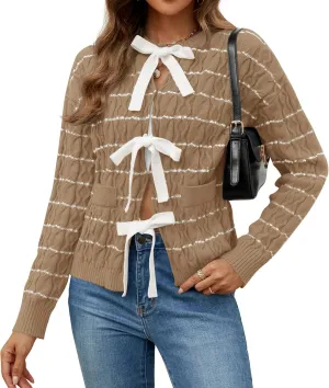 ZESICA Women's Long Sleeve Open Front Cardigan Sweater Fall Winter Striped Tie Front Loose Chunky Knit Coats