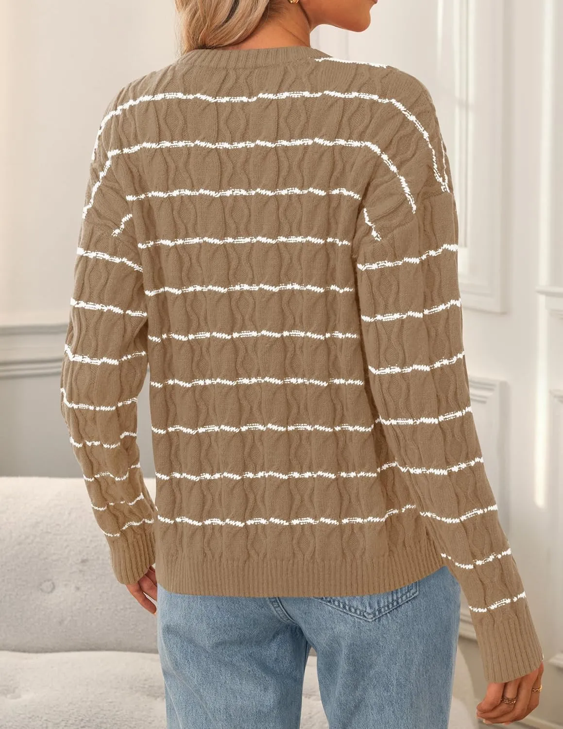 ZESICA Women's Long Sleeve Open Front Cardigan Sweater Fall Winter Striped Tie Front Loose Chunky Knit Coats