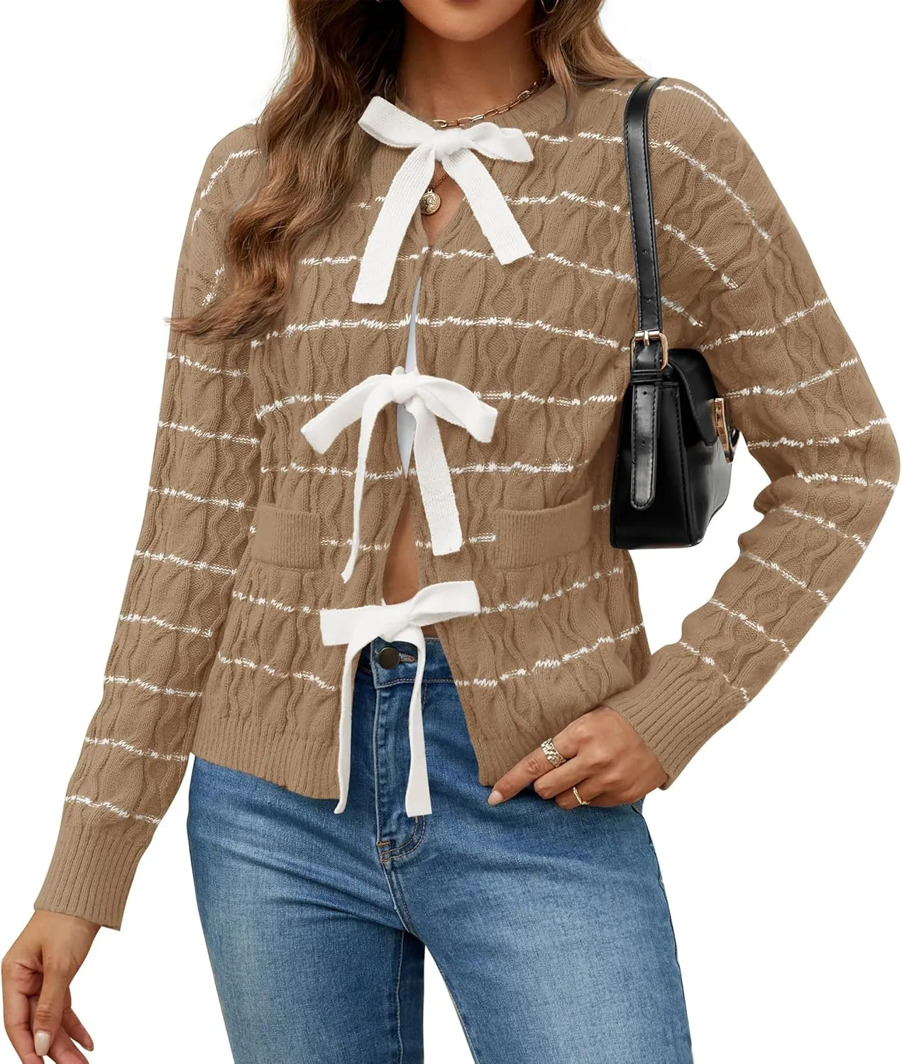 ZESICA Women's Long Sleeve Open Front Cardigan Sweater Fall Winter Striped Tie Front Loose Chunky Knit Coats
