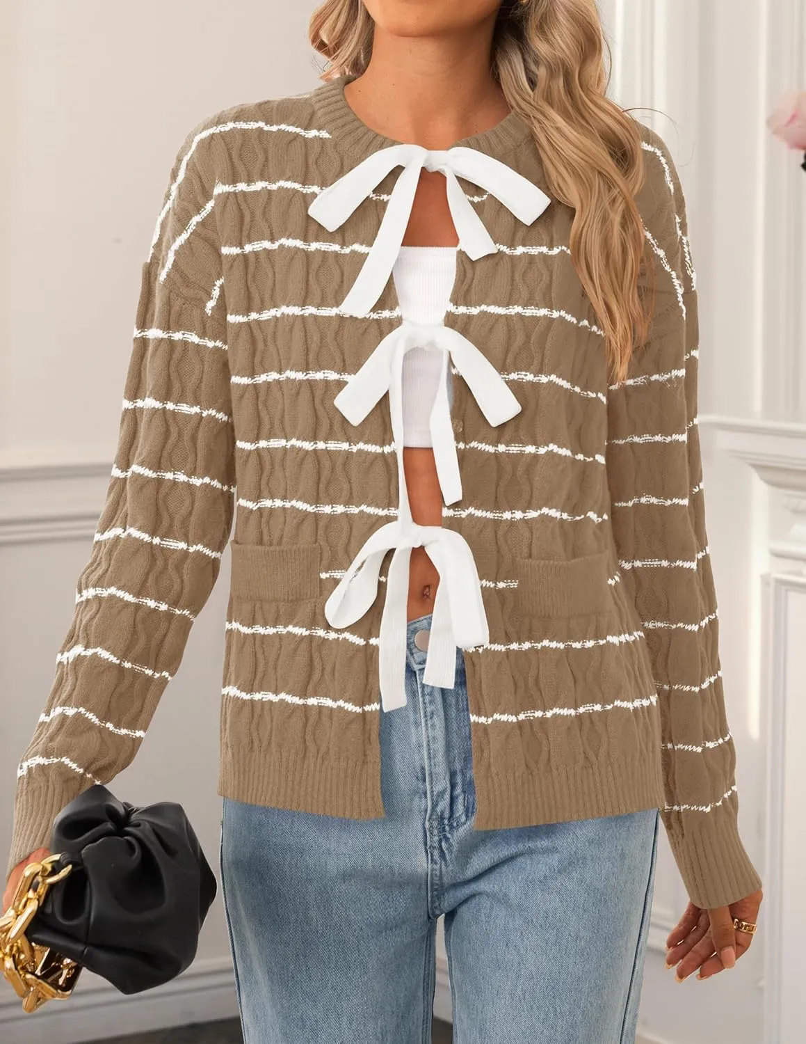 ZESICA Women's Long Sleeve Open Front Cardigan Sweater Fall Winter Striped Tie Front Loose Chunky Knit Coats
