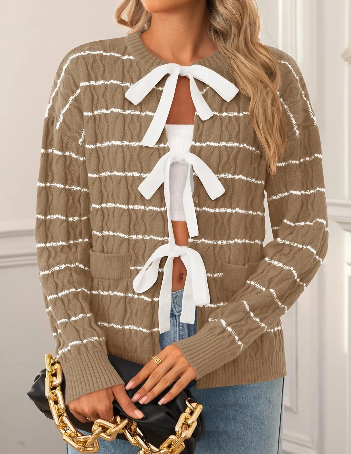 ZESICA Women's Long Sleeve Open Front Cardigan Sweater Fall Winter Striped Tie Front Loose Chunky Knit Coats