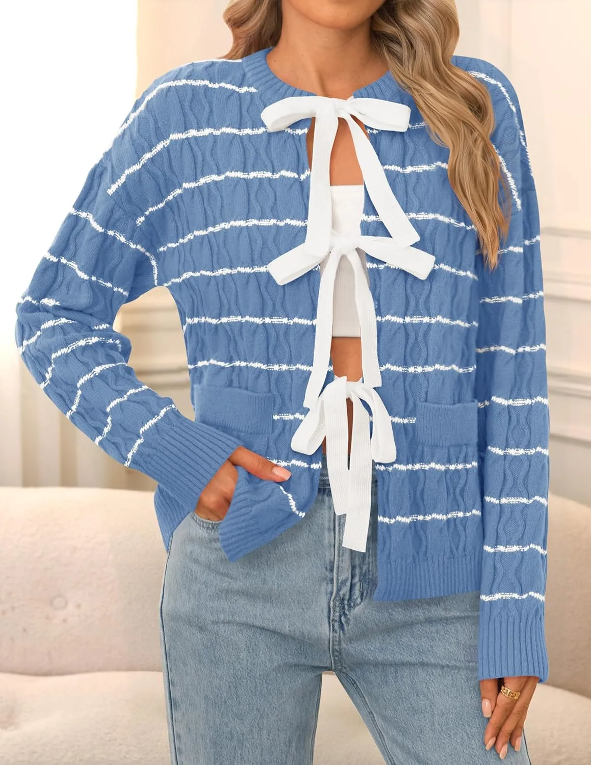 ZESICA Women's Long Sleeve Open Front Cardigan Sweater Fall Winter Striped Tie Front Loose Chunky Knit Coats