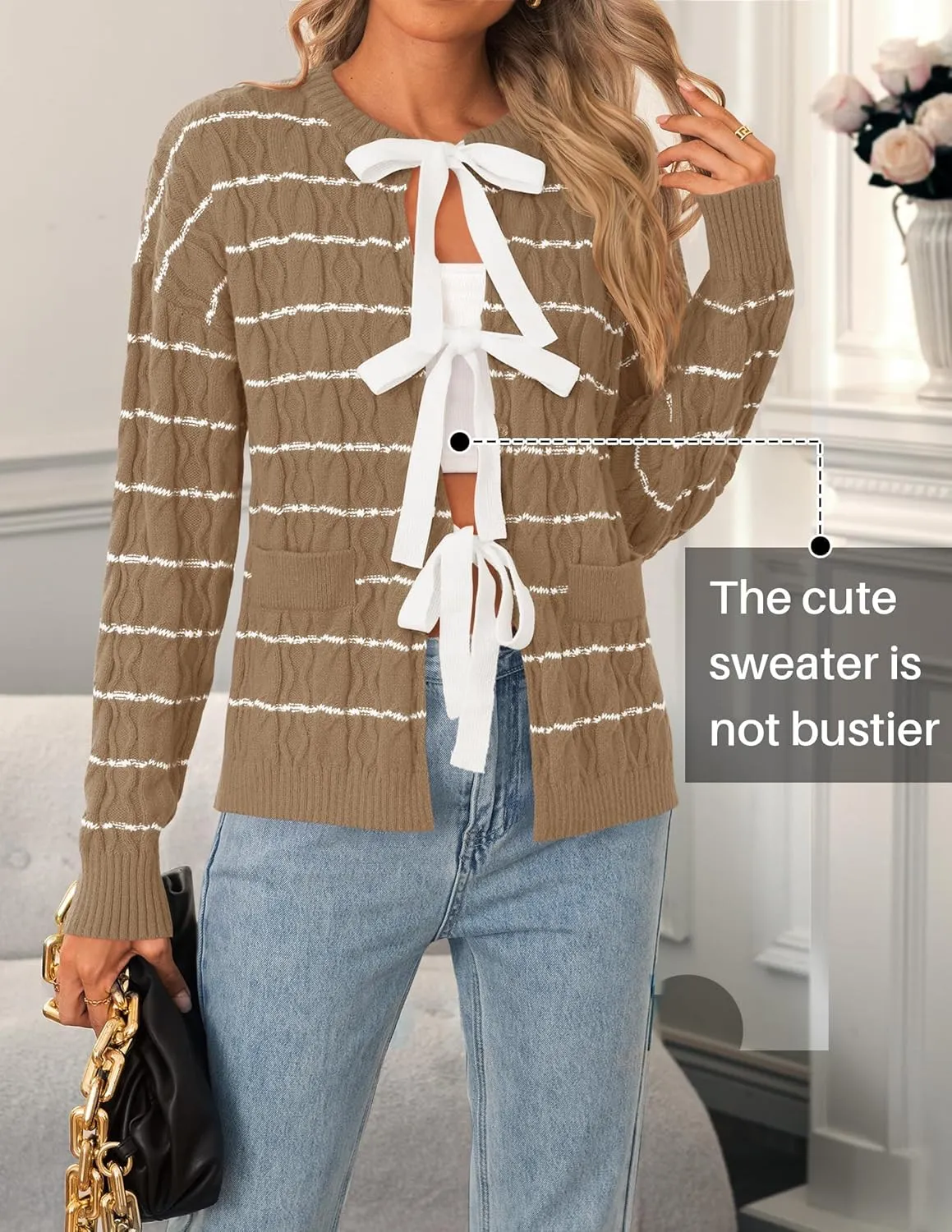 ZESICA Women's Long Sleeve Open Front Cardigan Sweater Fall Winter Striped Tie Front Loose Chunky Knit Coats
